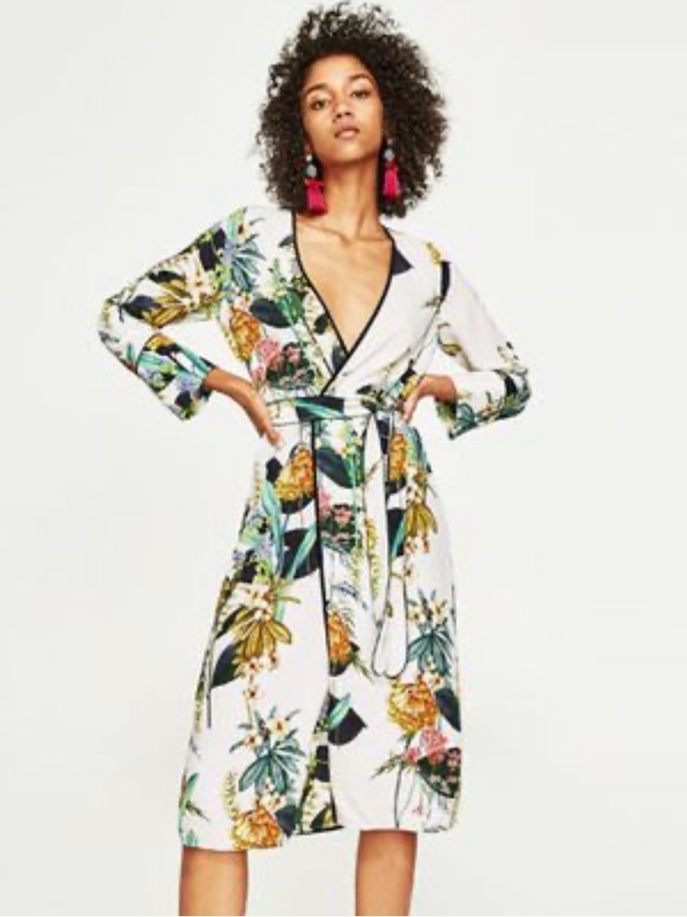 Zara Botanical Floral Print Kimono Wrap Midi Dress Belted White Black Trim